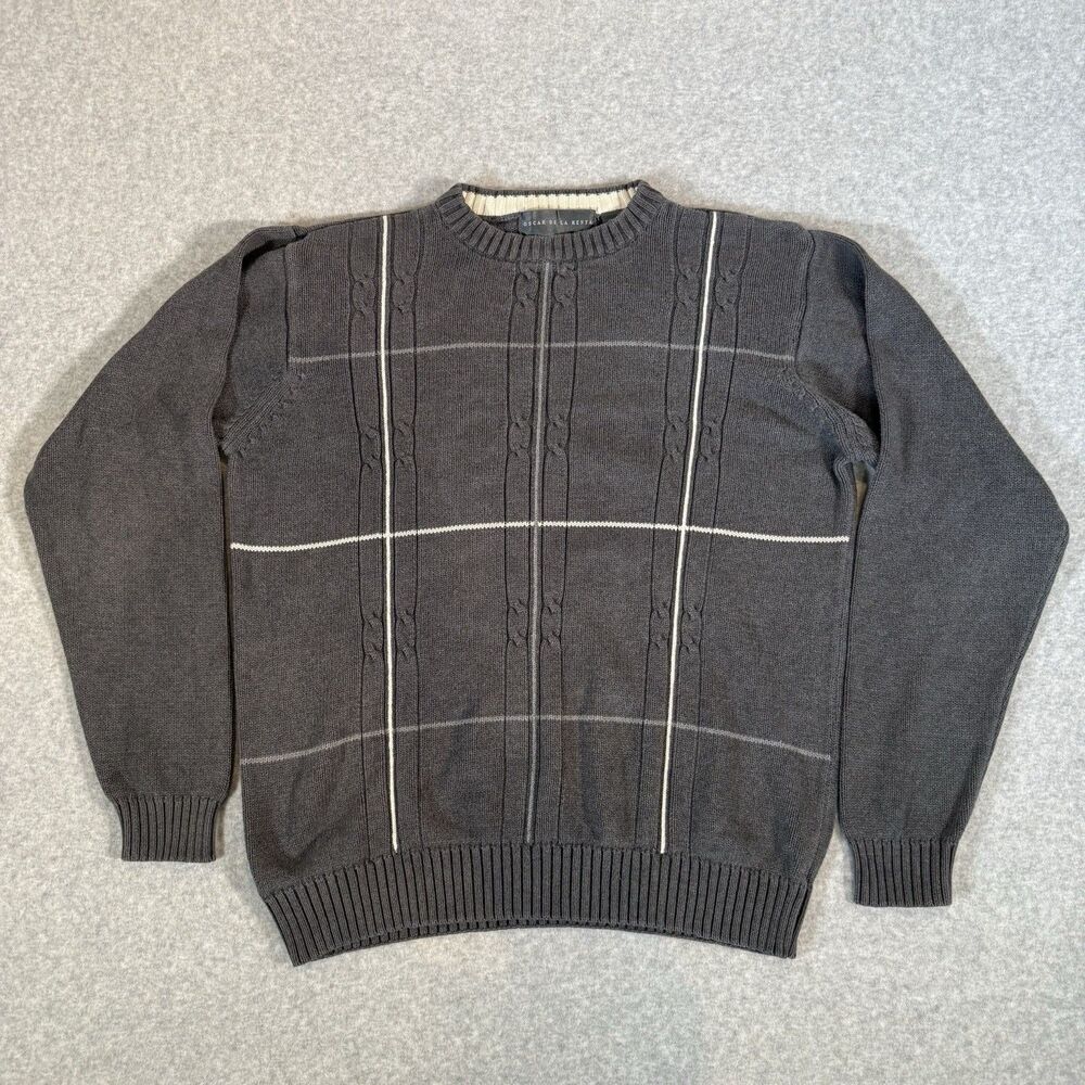 VTG Oscar De La Renta Sweater Gray Plaid Cable Knit Pullover Cotton L 90s Preppy